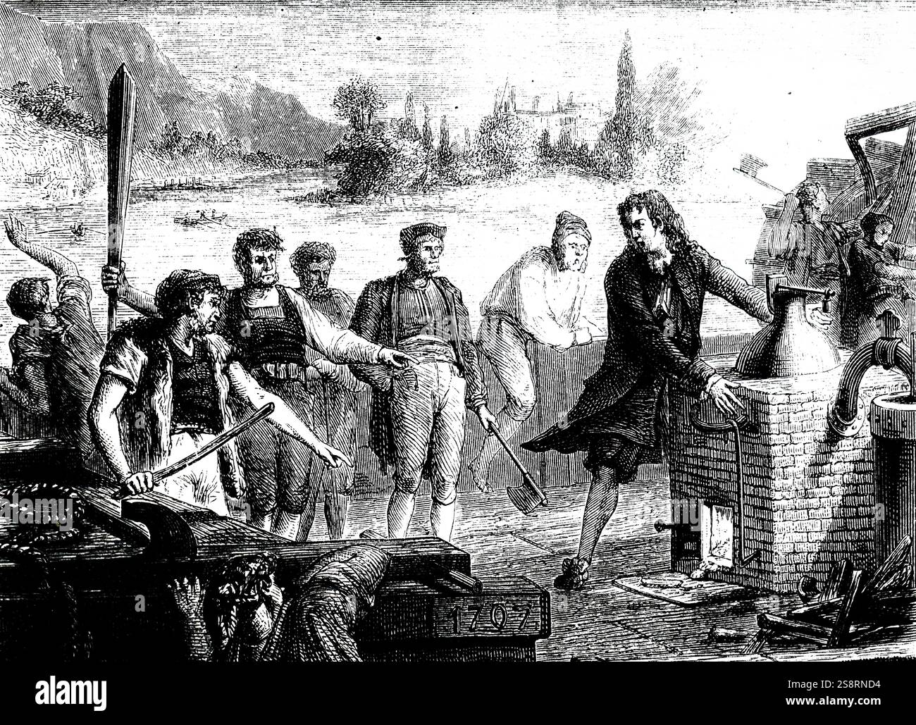 Gravur, schiffer von der Weser zerstören Dampf Denis Papin des Motors. Denis Papin (1647-1713), ein französischer Physiker, Mathematiker und Erfinder. Vom 19. Jahrhundert Stockfoto