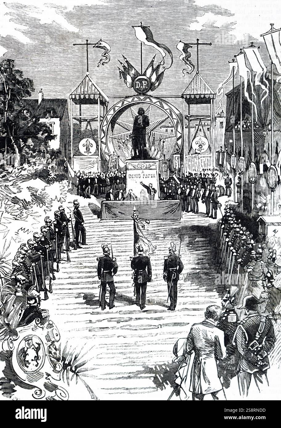 Kupferstich mit der Darstellung der Enthüllung der Statue des Denis Papin in Blois, Frankreich. Denis Papin (1647-1713), ein französischer Physiker, Mathematiker und Erfinder. Vom 19. Jahrhundert Stockfoto
