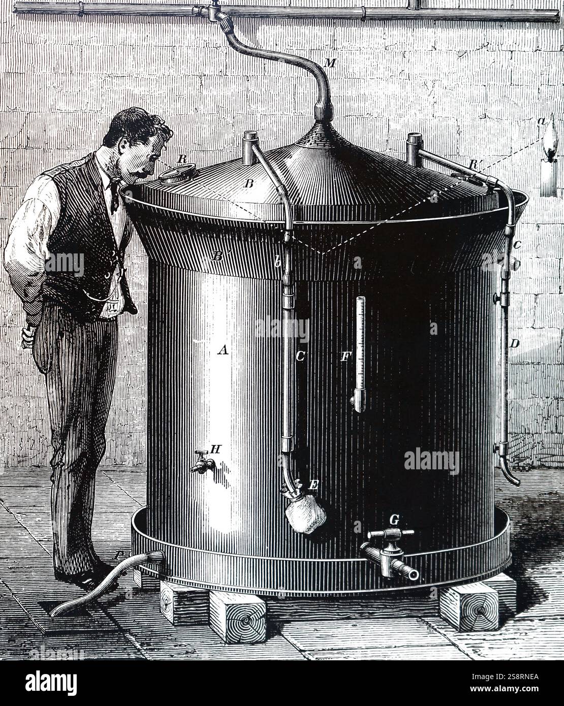 Gravur, die ersten Apparate Louis Pasteurs für Kühlung und gärenden Würze während seiner Arbeit an Bier. Louis Pasteur (1822-1895), ein französischer Biologe, Mikrobiologe und Chemiker für seine Entdeckungen der Grundsätze der Impfung, mikrobielle Fermentation und Pasteurisierung bekannt. Vom 19. Jahrhundert Stockfoto