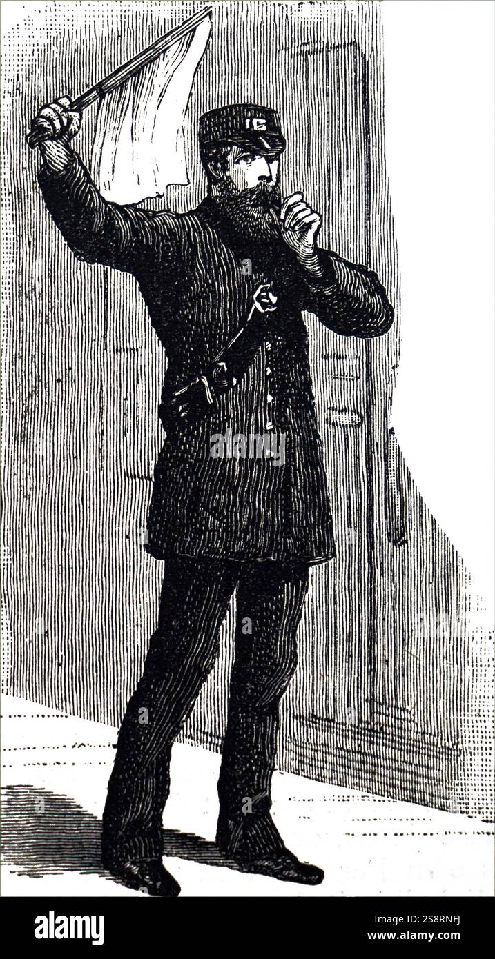 Abbildung: Darstellung eines Signalgebers winkt mit seiner Fahne und Blasen eine Pfeife die Aufmerksamkeit eines entgegenkommenden Zug. Vom 19. Jahrhundert Stockfoto
