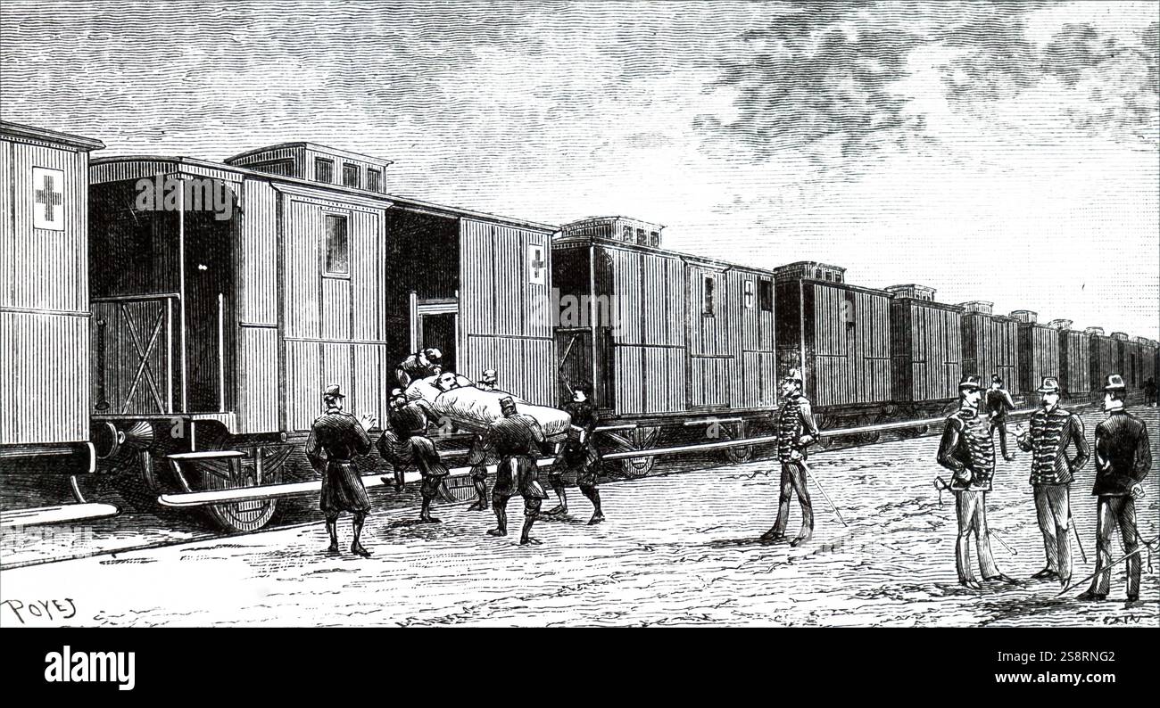 Gravur mit einer Bahre Fall an Bord gebracht werden, ein französisches Lazarett ausbilden. Vom 19. Jahrhundert Stockfoto