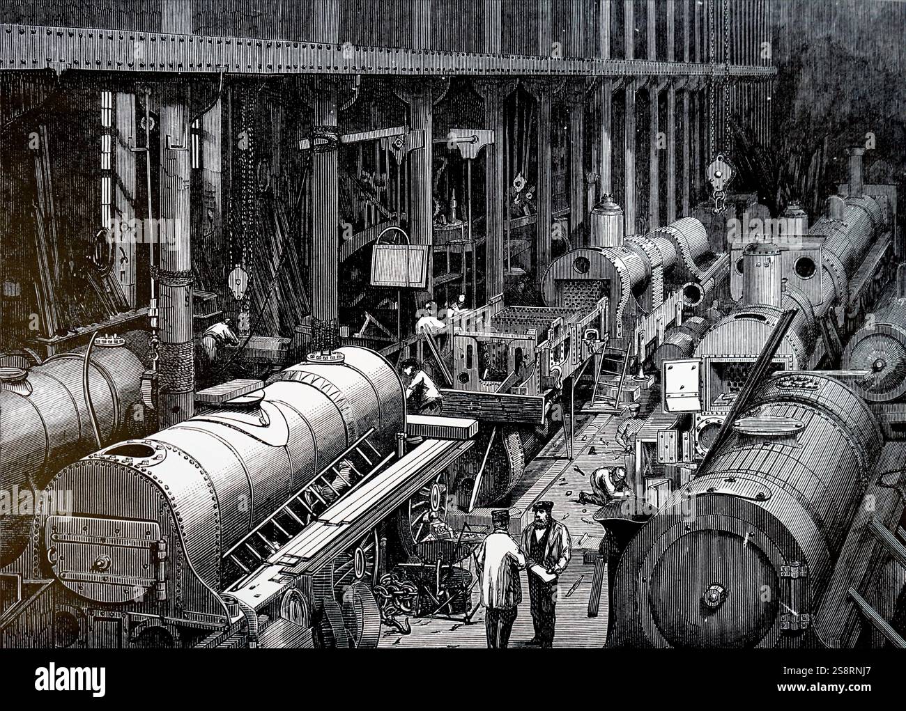 Kupferstich mit der Darstellung der Herstellung, der Robert Stephenson und Unternehmen, eine lokomotive Manufacturing Company im Jahre 1823 gegründet. Vom 19. Jahrhundert Stockfoto