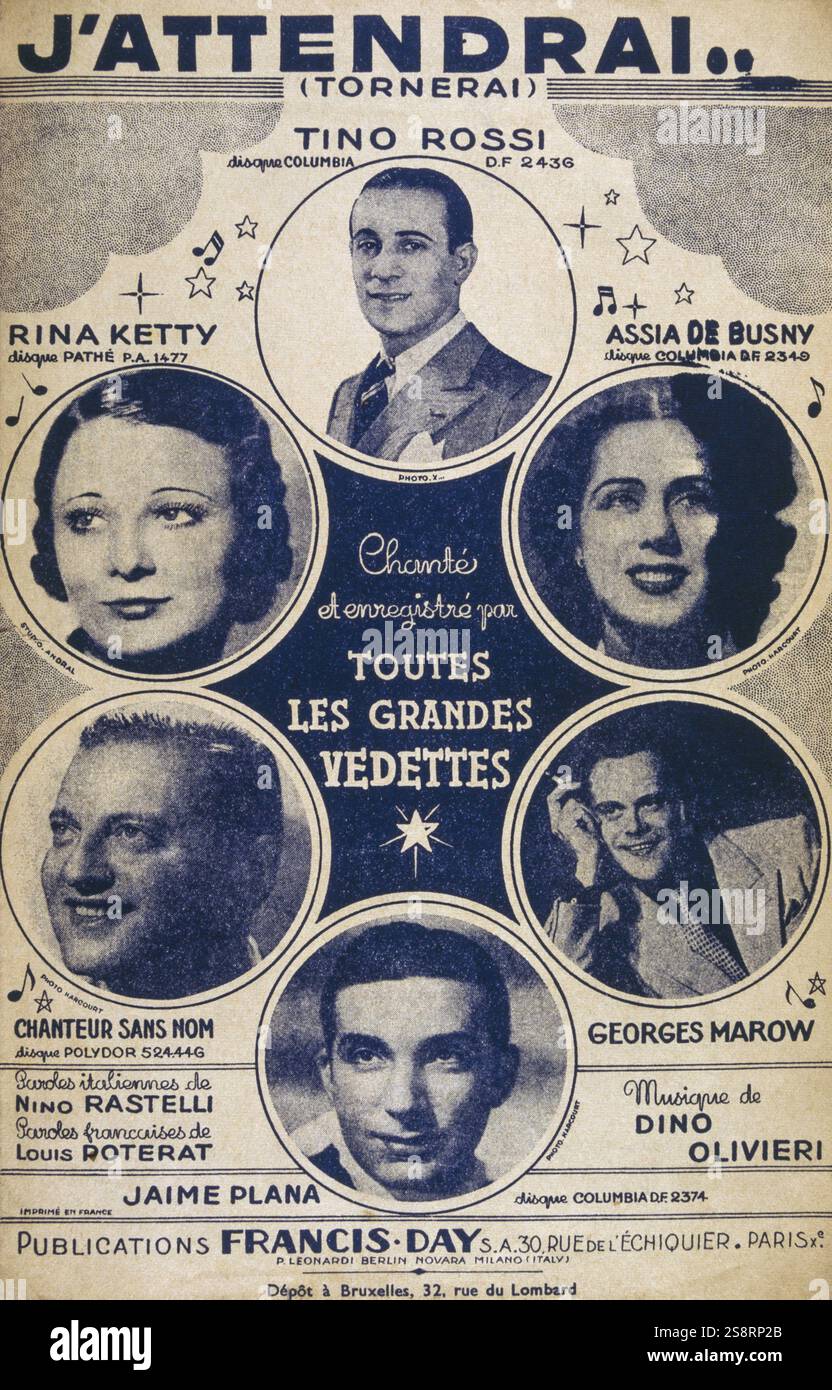 Französisch Song Buch für Songs, die von den beliebten Sänger Tino Rossi "J'attendrai" 1939 gesungen. mit Sängern Rina Ketty Carlo Cotti Musik Blatt Stockfoto
