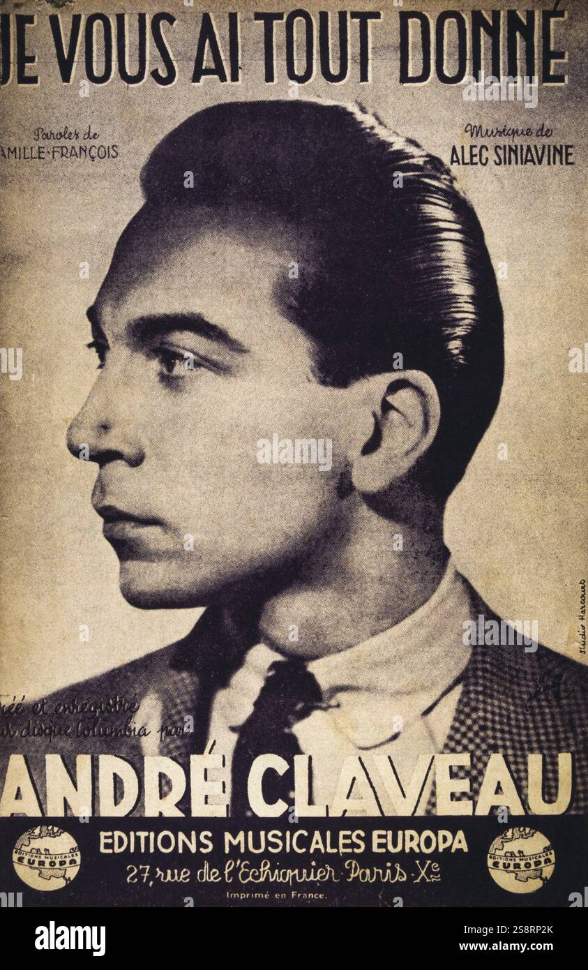 Französisch Song Buch für "Je vous ai Donné" von Camille François tout, und Alec Siniavine, gesungen von André Claveau 1943 Stockfoto