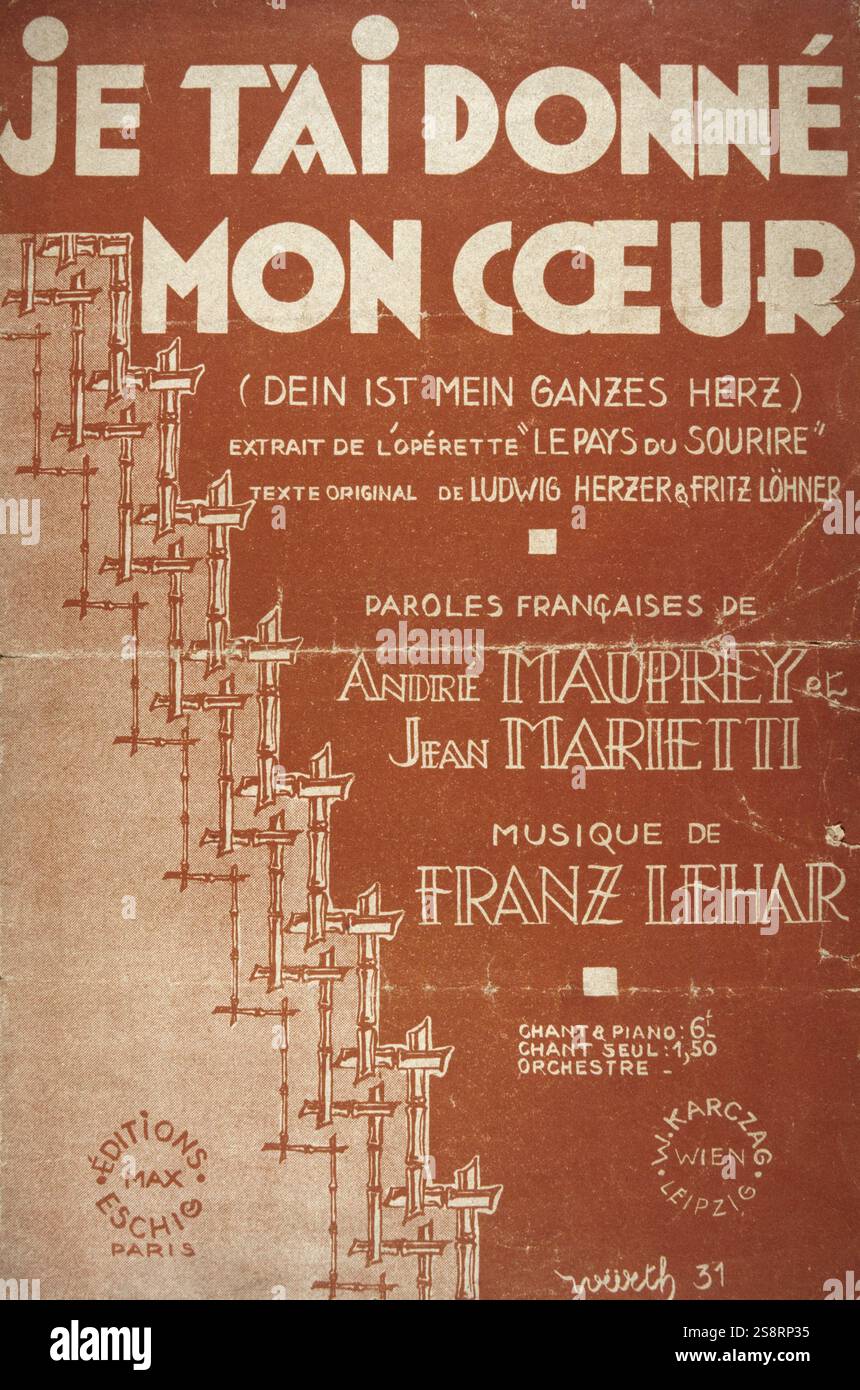 Je t'ai donné Mon Coeur" (Ich gebe Dir mein Herz) Musik für die Zusammensetzung von Franz Lehar. 1929 Stockfoto