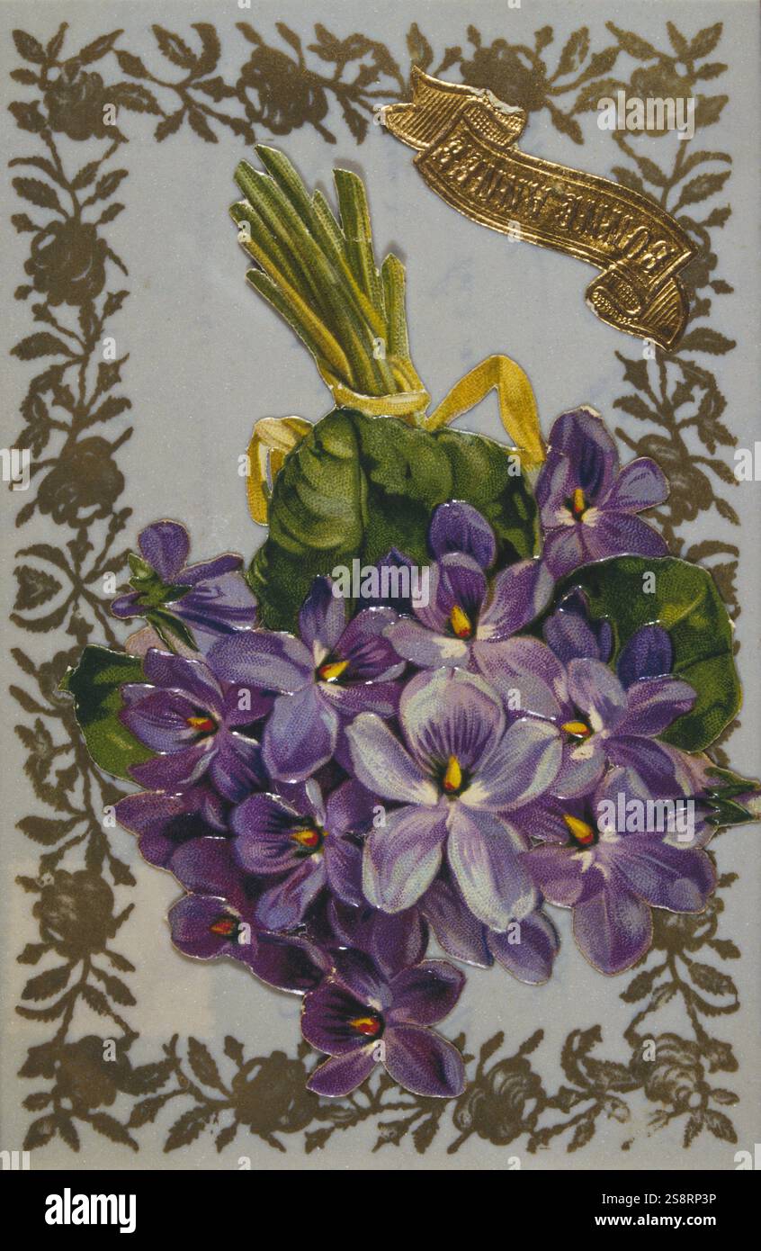 Französisch Frohes Neues Jahr, Postkarte mit Blumen. 1900 Stockfoto
