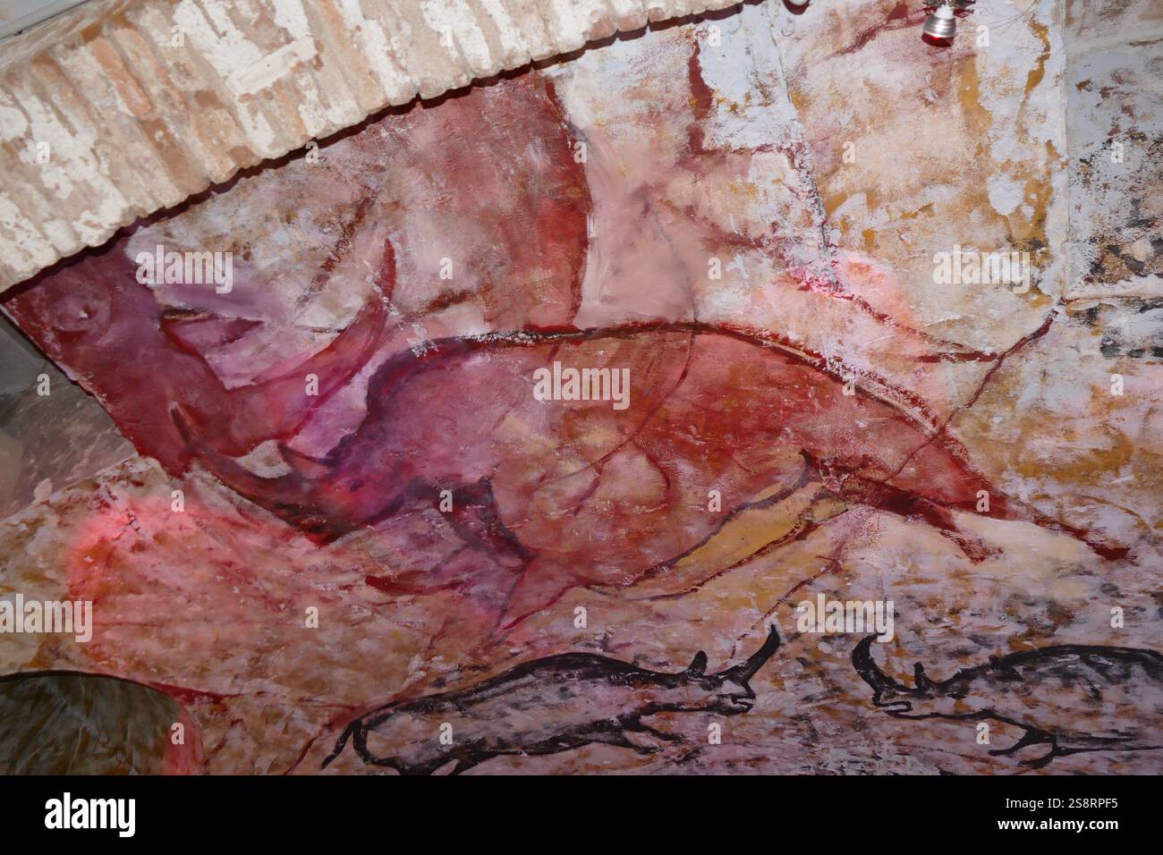 Replica Malerei aus der Höhle von Altamira (Cueva de Altamir) in der Nähe der historischen Stadt Santillana del Mar in Kantabrien, Spanien gelegen, ist für seine zahlreichen parietalen Höhlenmalereien mit kohlezeichnungen und polychrome Gemälde zeitgenössischer Flora und menschliche Hände, zwischen 18.500 und 14.000 Jahren während der jungpaläolithikum Erstellt von Paleo menschlichen Siedler bekannt. Die frühesten Bilder in der Höhle wurden rund 35.600 Jahren ausgeführt. Stockfoto