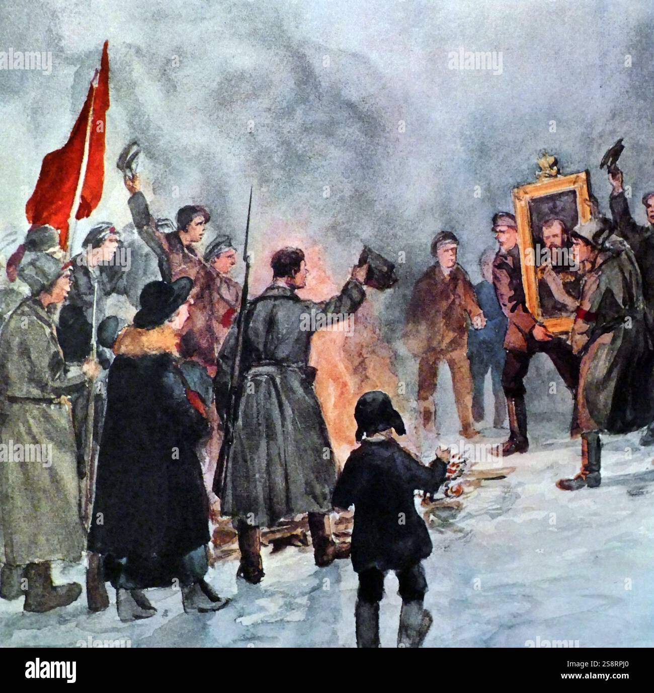 Malerei, die die Verbrennung einer Portrait von Zar Nikolaus II. Während der Februarrevolution 1917. Vom 20. Jahrhundert Stockfoto