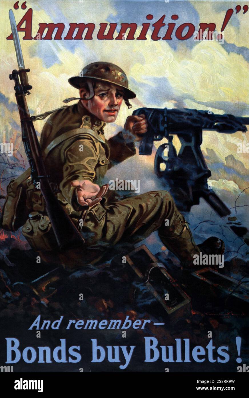 Ein Poster zeigt einen Soldaten mit einem Maschinengewehr in der Hitze der Schlacht, der nach Munition von Vincent Lynel, 1918, greift Stockfoto