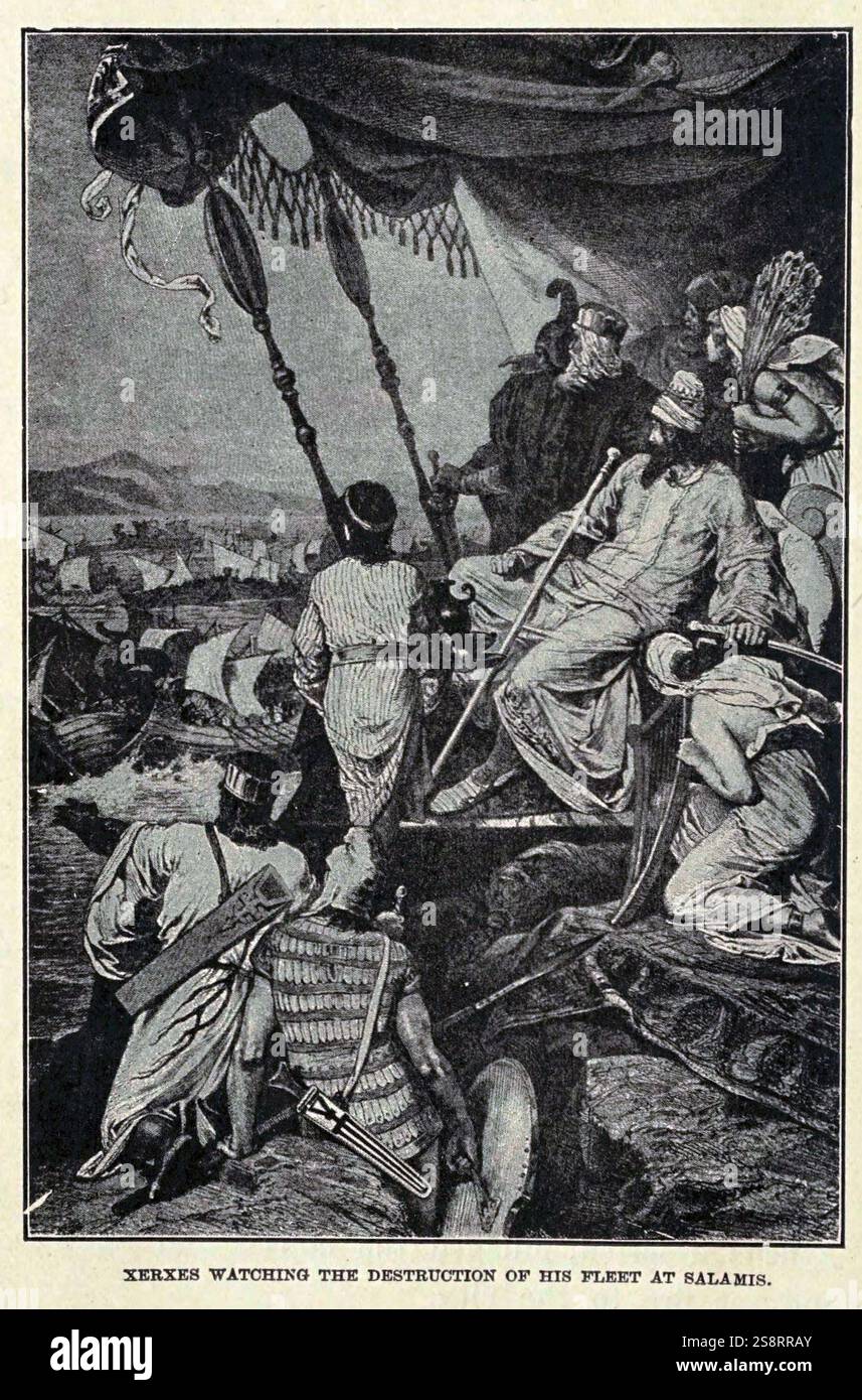 Xerxes beobachtet die Zerstörung seiner Flotte in Salamis. Xerxes I. (?518 – August 465 v. Chr.), allgemein bekannt als Xerxes der große, war der vierte König der Könige des Achämeniden-Reiches, der von 486 bis 465 v. Chr. regierte. Er herrschte von 486 v. Chr. bis zu seinem Attentat im Jahr 465 v. Chr. durch Artabanus, den Kommandeur der königlichen Leibwache. Xerxes I. ist in der westlichen Geschichte für seine Invasion Griechenlands im Jahre 480 v. Chr. bekannt. Seine Truppen überfielen vorübergehend das griechische Festland nördlich des Isthmus von Korinth, bis die Verluste bei Salamis und Plataea ein Jahr später diese Gewinne rückgängig machten und die zweite Invasion endgültig beendeten Stockfoto