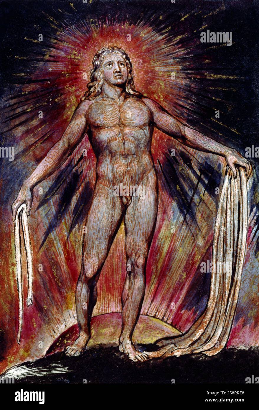 Milton, ein Gedicht in 12 Büchern, 1815. Von William Blake (1757–1827), einem englischen Dichter, Maler und Printmacher. Orangefarbener Druck auf 50 Blättern, von gravierten Platten, die sowohl Text als auch Illustrationen enthalten Stockfoto