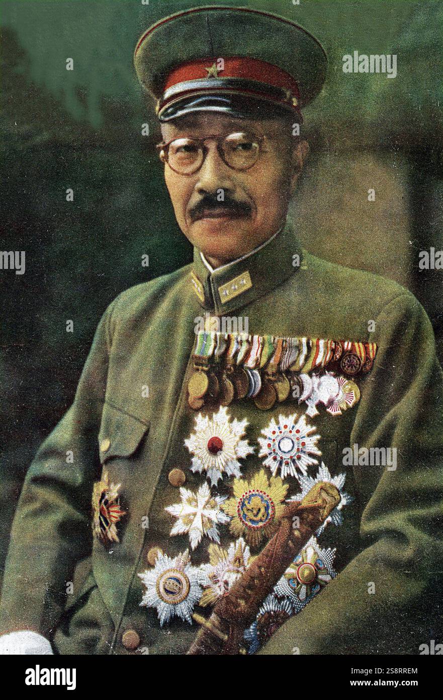Hideki Tojo (* 30. Dezember 1884 bis 23. Dezember 1948) war ein japanischer Politiker, General der Kaiserlich Japanischen Armee (IJA) und verurteilter Kriegsverbrecher, der während des Zweiten Weltkriegs als Premierminister und Präsident der Kaiserlichen Regierungshilfe diente 1944. Während seiner Regierungsjahre war seine Führung durch extreme staatlich verübte Gewalt im Namen des japanischen Ultranationalismus gekennzeichnet Stockfoto