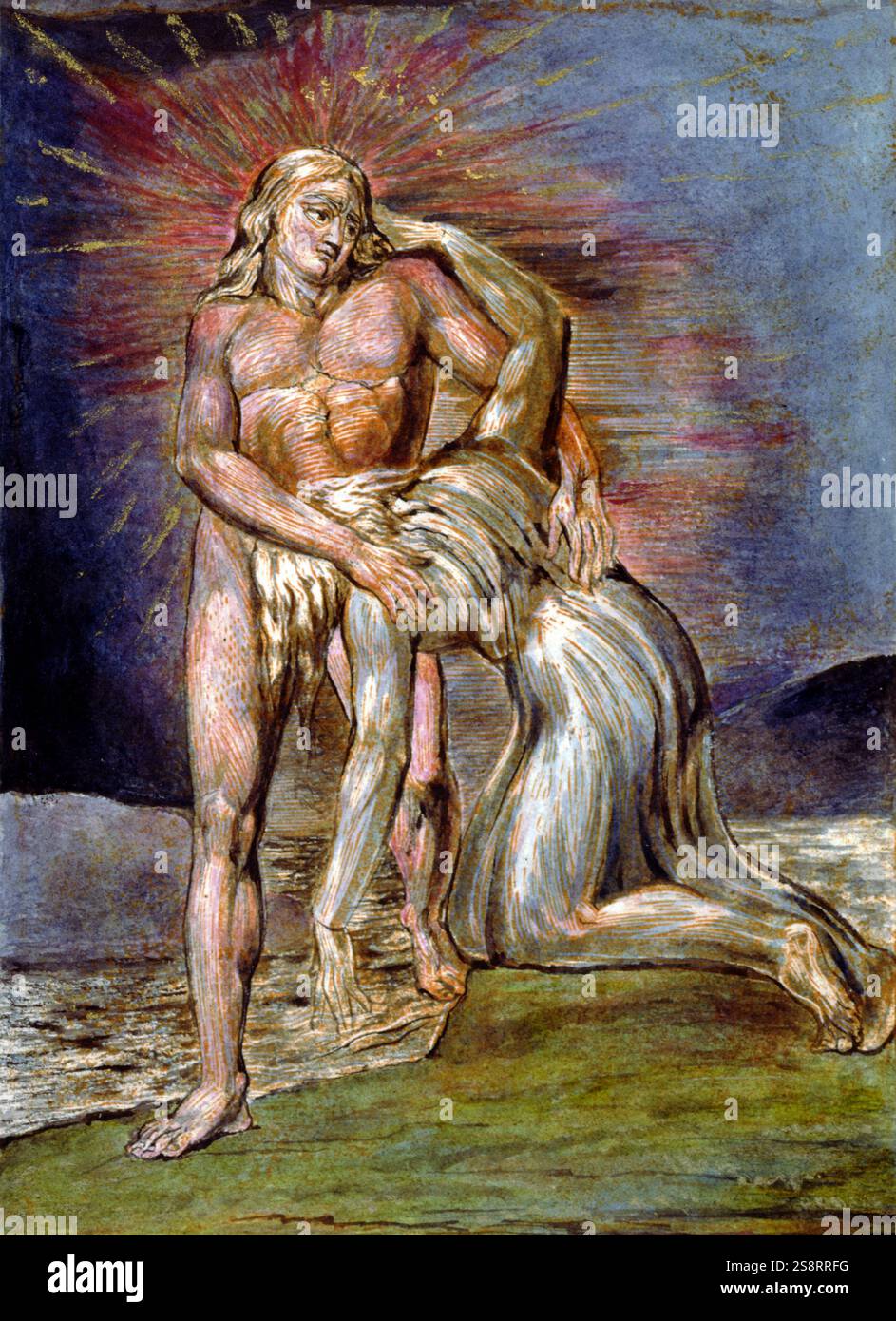 Milton, ein Gedicht in 12 Büchern, 1815. Von William Blake (1757–1827), einem englischen Dichter, Maler und Printmacher. Orangefarbener Druck auf 50 Blättern, von gravierten Platten, die sowohl Text als auch Illustrationen enthalten Stockfoto