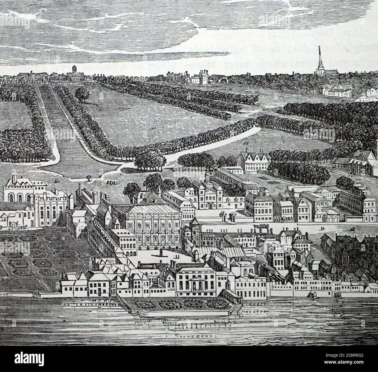 Whitehall in der Regierungszeit von James I. Whitehall ist eine Straße und ein Gebiet in der City of Westminster, Central London, es ist das Zentrum der Regierung des Vereinigten Königreichs und wird von zahlreichen Ministerien und Ministerien gesäumt, darunter dem Verteidigungsministerium, Horse Guards und dem Kabinettbüro. Der Name stammt von dem Palast von Whitehall, der die Residenz von König Heinrich VIII. Bis zu Wilhelm III. War, bevor er 1698 durch Feuer zerstört wurde; nur das Bankett House ist erhalten Stockfoto
