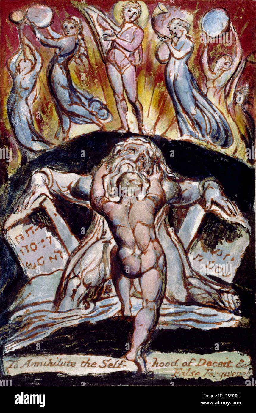Milton, ein Gedicht in 12 Büchern, 1815. Von William Blake (1757–1827), einem englischen Dichter, Maler und Printmacher. Orangefarbener Druck auf 50 Blättern, von gravierten Platten, die sowohl Text als auch Illustrationen enthalten Stockfoto
