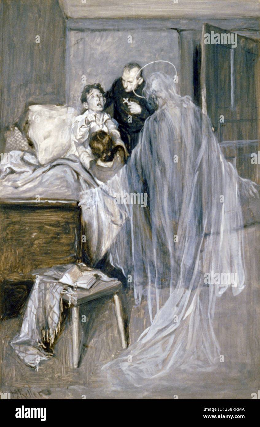 Es ist der Tod, mein Sohn, sagte der Priester. Arthur Keller (1866-1924). Die Illustration eines Jungen, der als Priester stirbt, tröstet ihn Stockfoto