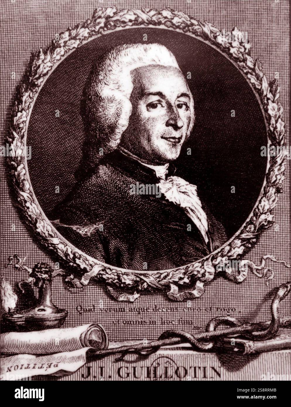 Joseph-Ignace Guillotin (1738–1814) französischer Arzt, Politiker und Freimaurer, der am 10. Oktober 1789 die Verwendung eines Gerätes zur Vollstreckung von Todesstrafen in Frankreich als weniger schmerzhafte Hinrichtungsmethode vorschlug als bestehende Methoden. Obwohl er die Guillotine nicht erfand und sich gegen die Todesstrafe wandte, wurde sein Name zu einem Namensgeber Stockfoto