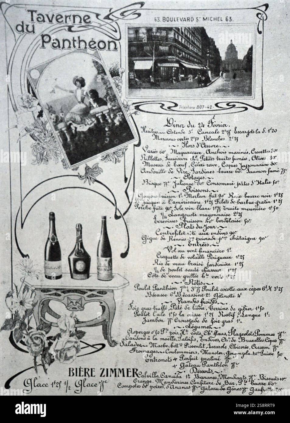 Französische Speisekarte im Taverne de Pantheon. 1900 Stockfoto