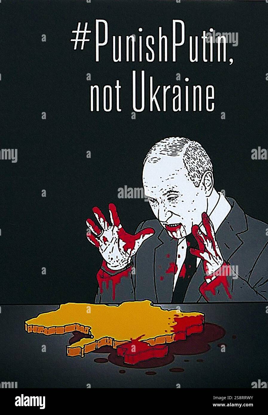 Anti-Putin-Poster bei einem Protest gegen die russische Invasion der Ukraine, London, März 2022. Russland marschierte am 24. Februar 2022 in die Ukraine ein. Der Angriff gilt international als Aggressionskrieg. Sie löste Europas größte Flüchtlingskrise seit dem Zweiten Weltkrieg aus, mit mehr als 3,9 Millionen Ukrainern, die das Land verlassen, und Millionen weitere Binnenvertriebene Stockfoto