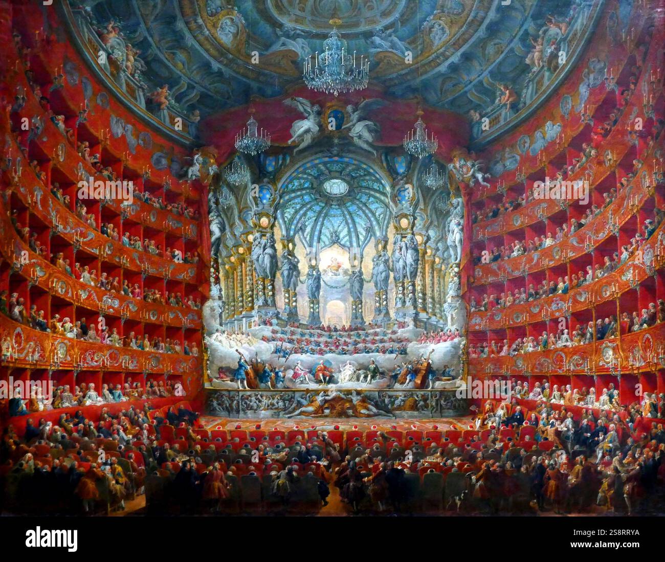 Musikalische Feier von Kardinal de la Rochefoucauld im Teatro Argentina, Rom, 1747. Von Giovanni Paolo Panini (17. Juni 1691 – 21. Oktober 1765), einem Maler und Architekten, der in Rom arbeitete und vor allem als einer der Vedutisti bekannt ist Stockfoto