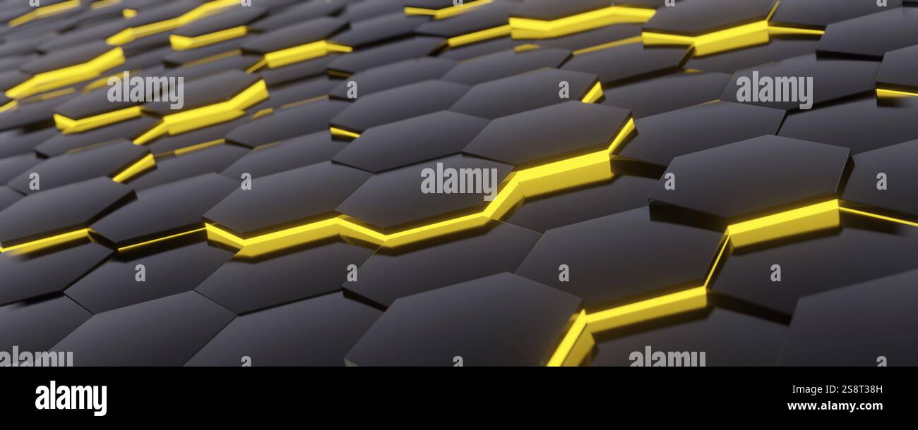 Schwarze sechseckige Fliesen, gelb leuchtender Hintergrund. 3D Abbildung Stockfoto