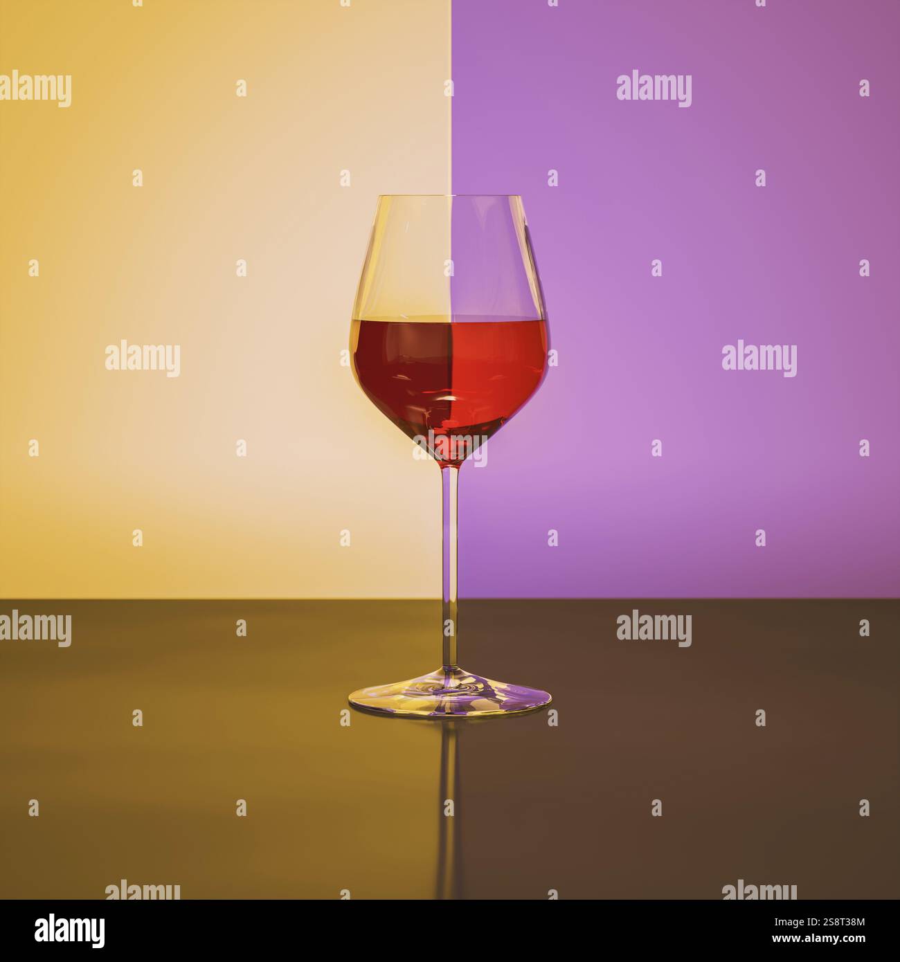 Rotwein-Weinglas-Brechung mit gelbem lila Hintergrund. 3D-Abbildung Stockfoto