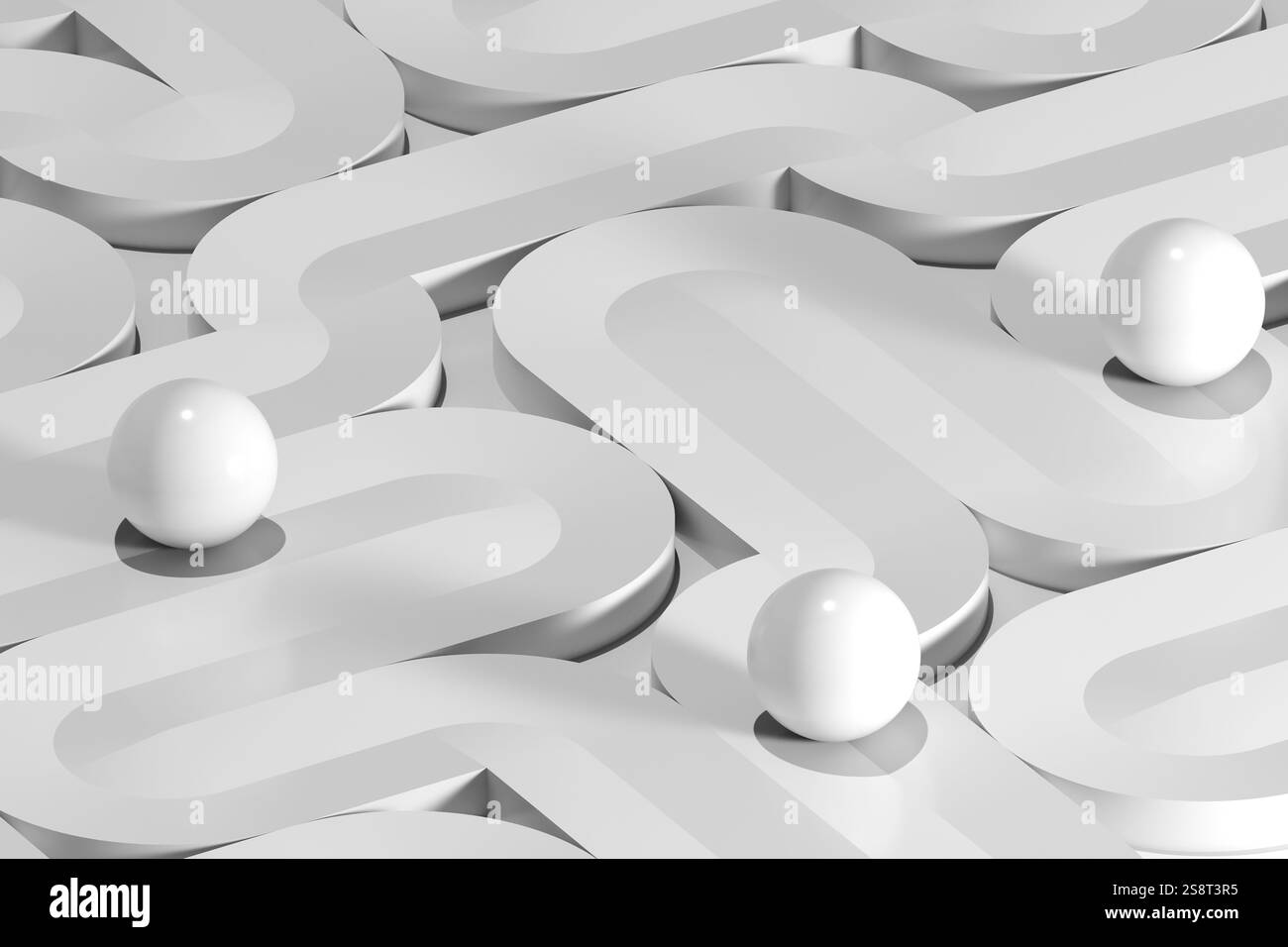 Abstrakte weiße Installation, drei Kugeln Rollen auf gekrümmten Pfaden des Labyrinths, computergrafisches Design. 3D-Darstellung Stockfoto