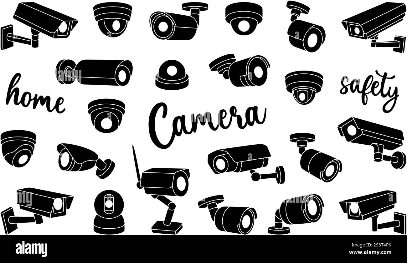 Schwarzes Überwachungskameraset. Schutzsystem für Wohnräume. Vektorabbildung. Stock Vektor