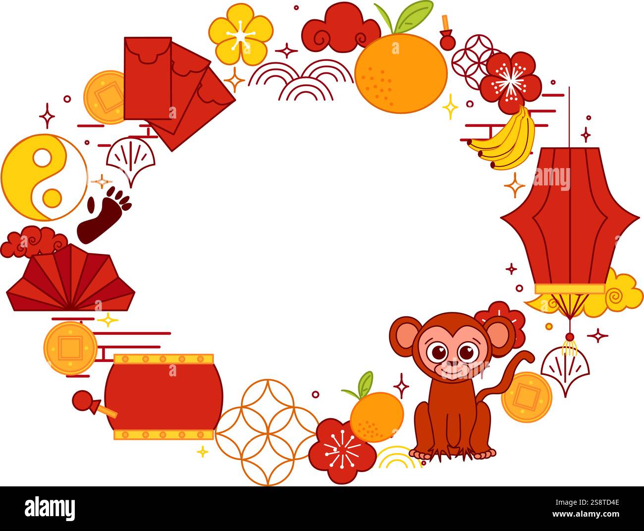 Chinesisches Neujahr 2028 Monkey Mondlaterne Festival ovale Rahmenvorlage für Ihren Text. Vektorgrafik für CNY-bezogene Objekte Stock Vektor