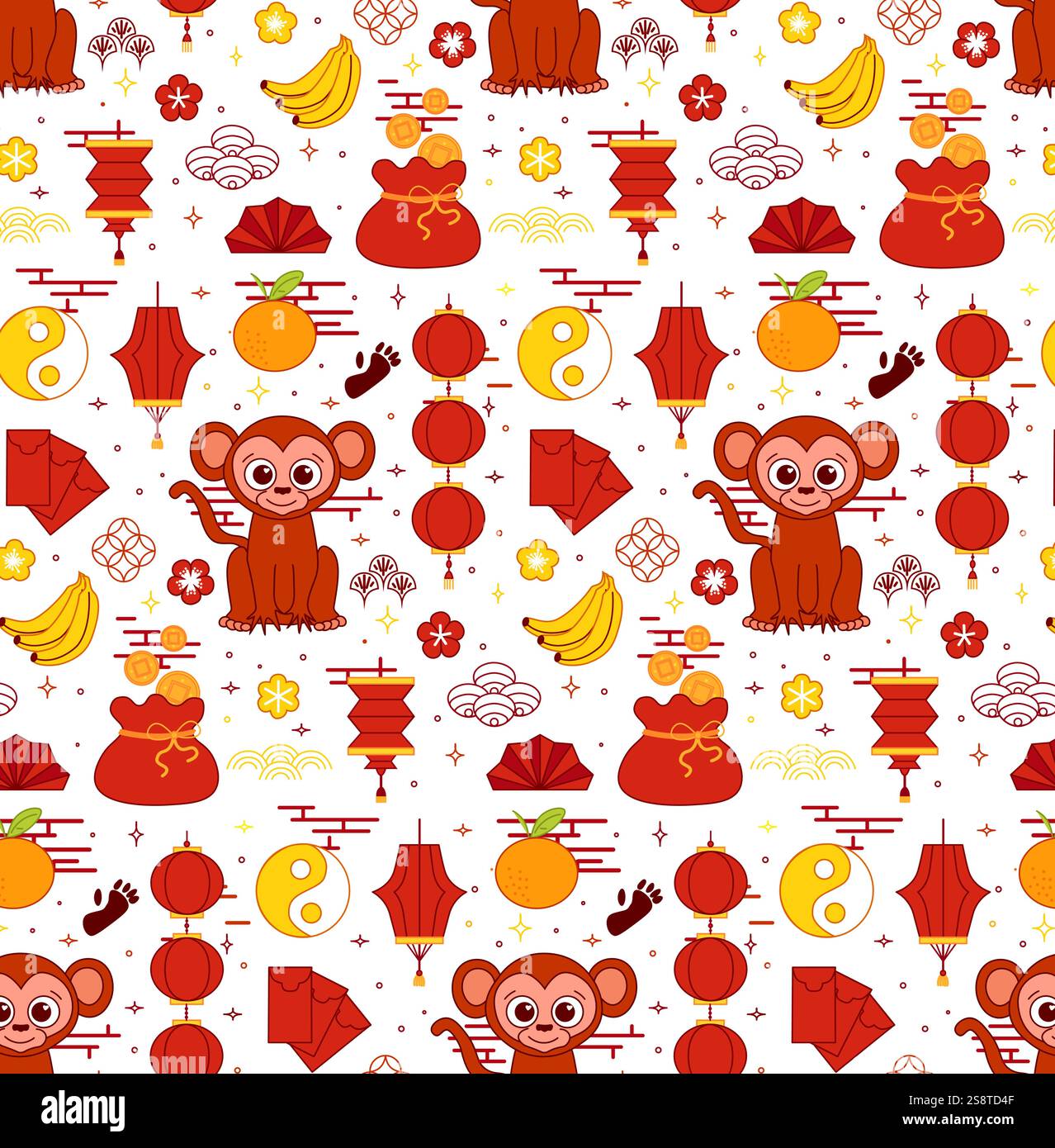 2028 Year of the Monkey Silvester: Nahtloses Muster. Vektorgrafik Stock Vektor