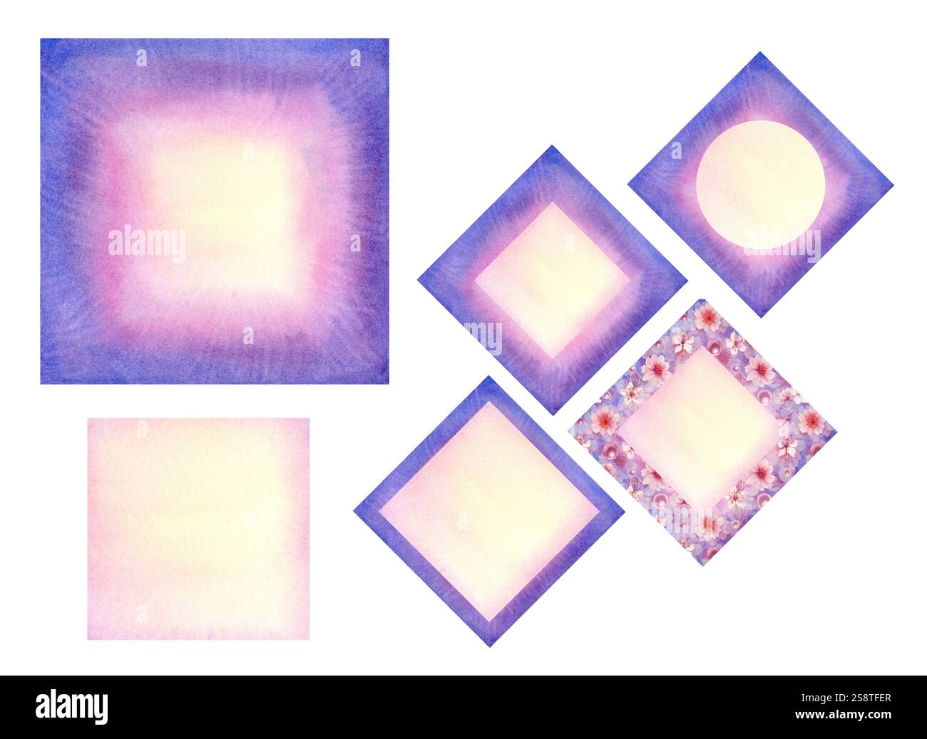 Rahmen aus purpurblauem rosa gelbem abstrakten Hintergrund mit Blumenmuster von blühender rosa Kirsche mit leerem beigem Briefkopf innen. Set von Aquarellen Stockfoto Rahmen aus purpurblauem rosa gelbem abstrakten Hintergrund mit Blumenmuster von blühender rosa Kirsche mit leerem beigem Briefkopf innen. Set von Aquarellen Stockfoto
