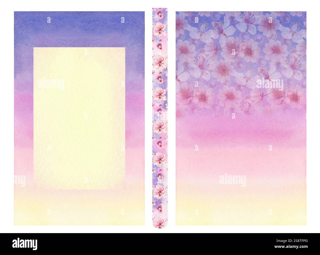 Rahmen aus purpurblauem rosa gelbem abstrakten Hintergrund mit Blumenmuster von blühender rosa Kirsche mit leerem beigem Briefkopf innen. Aquarellblumen Stockfoto