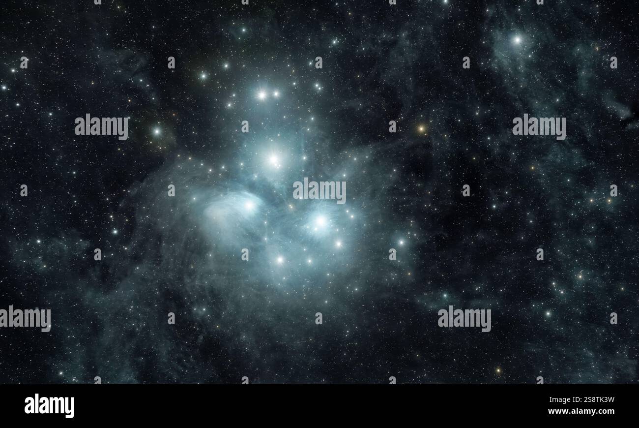 Die Pleiaden-Tiefen-Astrofotografie, eine majestätische kosmische Szene eines offenen Sternhaufens Stockfoto
