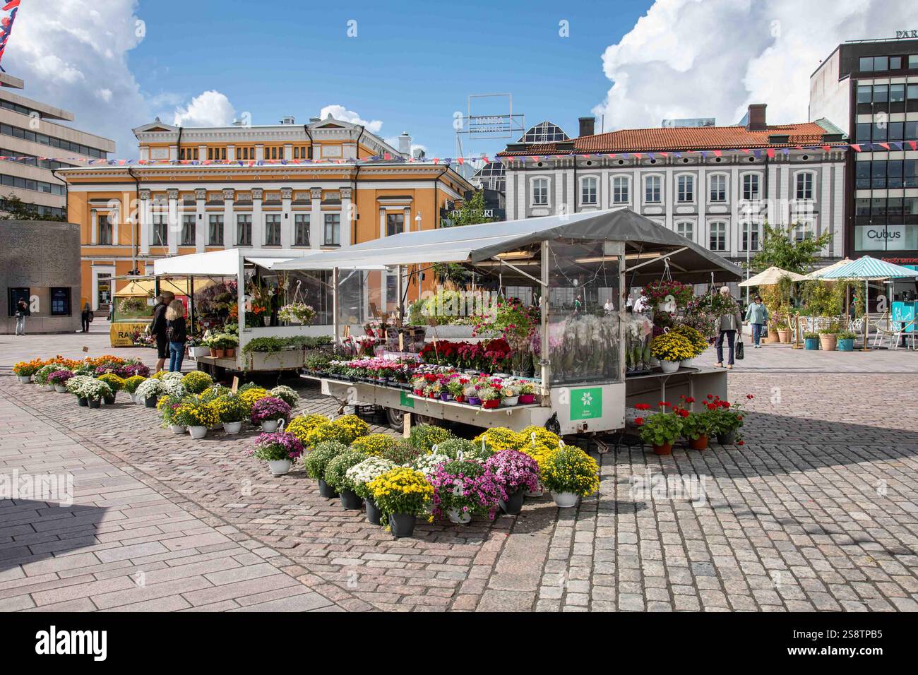 Blumen- und Containerpflanzenhändler auf dem Marktplatz von Turku in Turku, Finnland Stockfoto