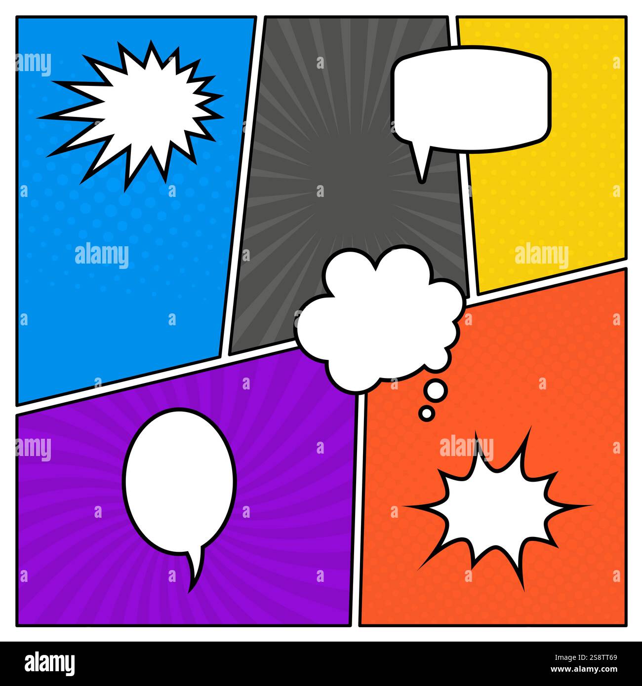 Farbenfroher Hintergrund der Comic-Seite im Pop-Art-Stil mit leeren Sprechblasen. Vorlage mit Rays- und Punktmuster. Vektorabbildung Stock Vektor Farbenfroher Hintergrund der Comic-Seite im Pop-Art-Stil mit leeren Sprechblasen. Vorlage mit Rays- und Punktmuster. Vektorabbildung Stock Vektor