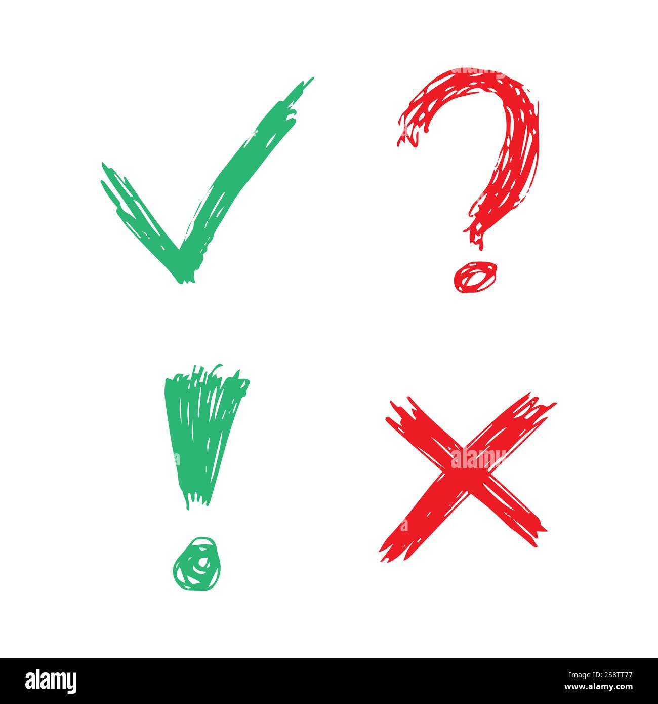 Handgezeichnete Scheck-, Kreuz-, Fragezeichen- und Ausrufezeichen. Set aus vier grünen und roten Skizzensymbolen. Vektorabbildung Stock Vektor