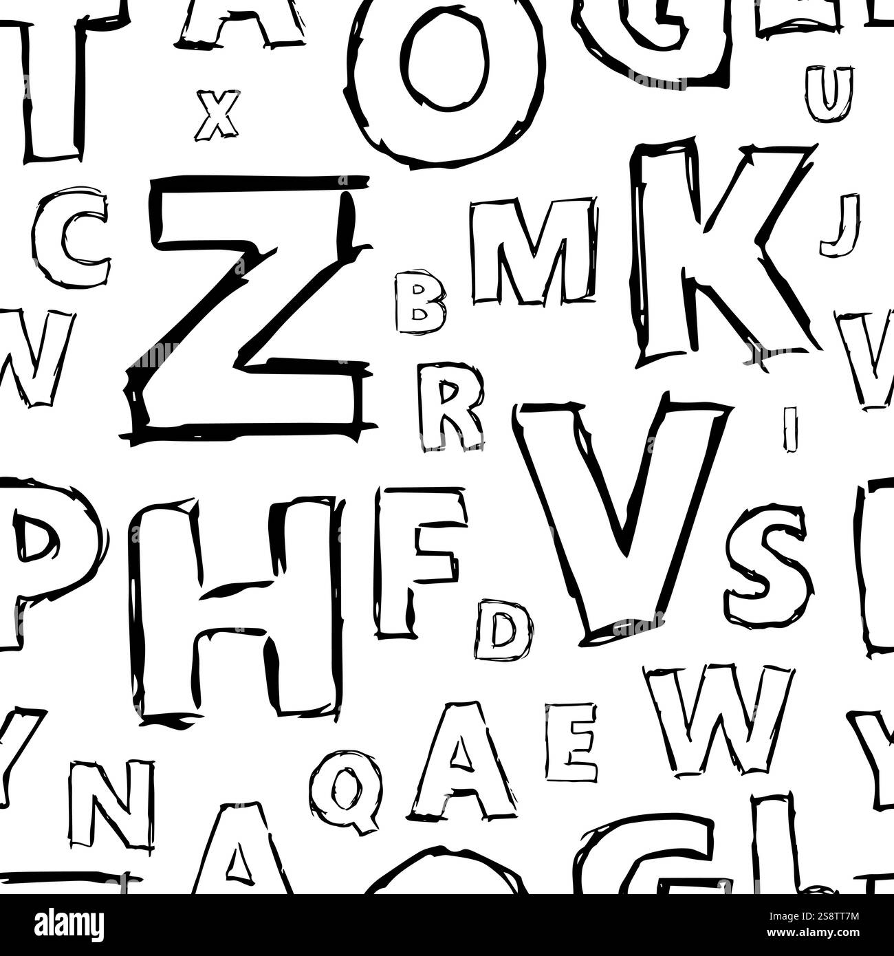 Nahtloser Hintergrund mit Doodle-Alphabet. Endloses Vektormuster mit schwarzen Buchstaben auf weißem Hintergrund. Stock Vektor