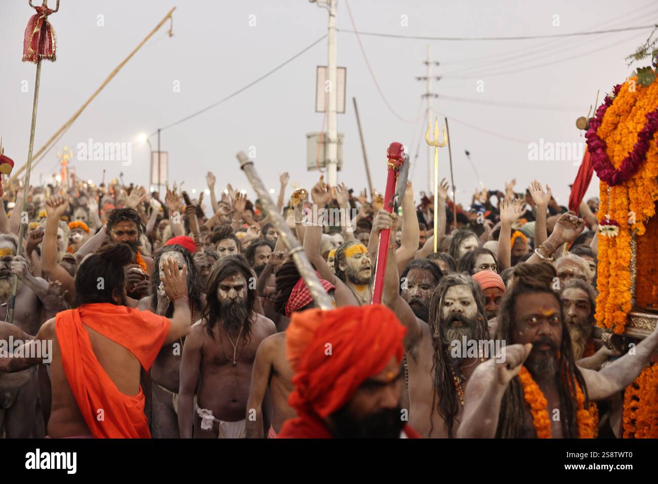 Naga Sadhus, Shahi Snan Parade (königliches Bad), Maha Kumbh Mela Festival, Prayagraj, Uttar Pradesh, Indien Stockfoto