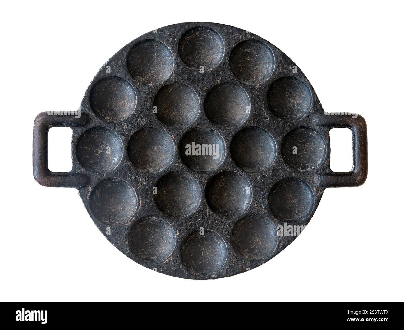 Gusseiserne Pffertjes Pfanne isoliert auf weiß, Ansicht von oben nach unten Stockfoto