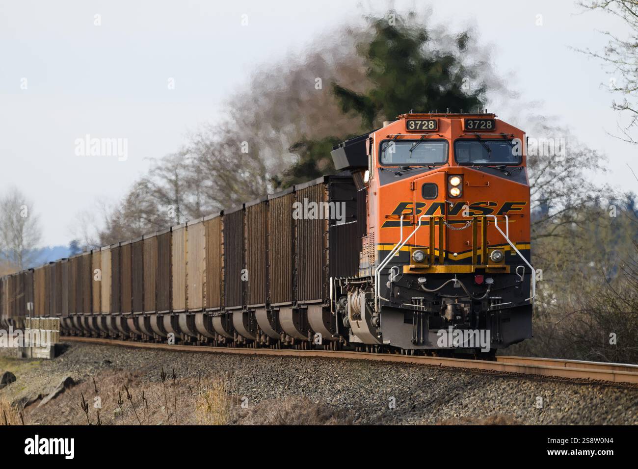 Stanwood, WA, USA - 20. Januar 2025; BNSF-Kohlezug mit orangefarbener Diesellokomotive Stockfoto