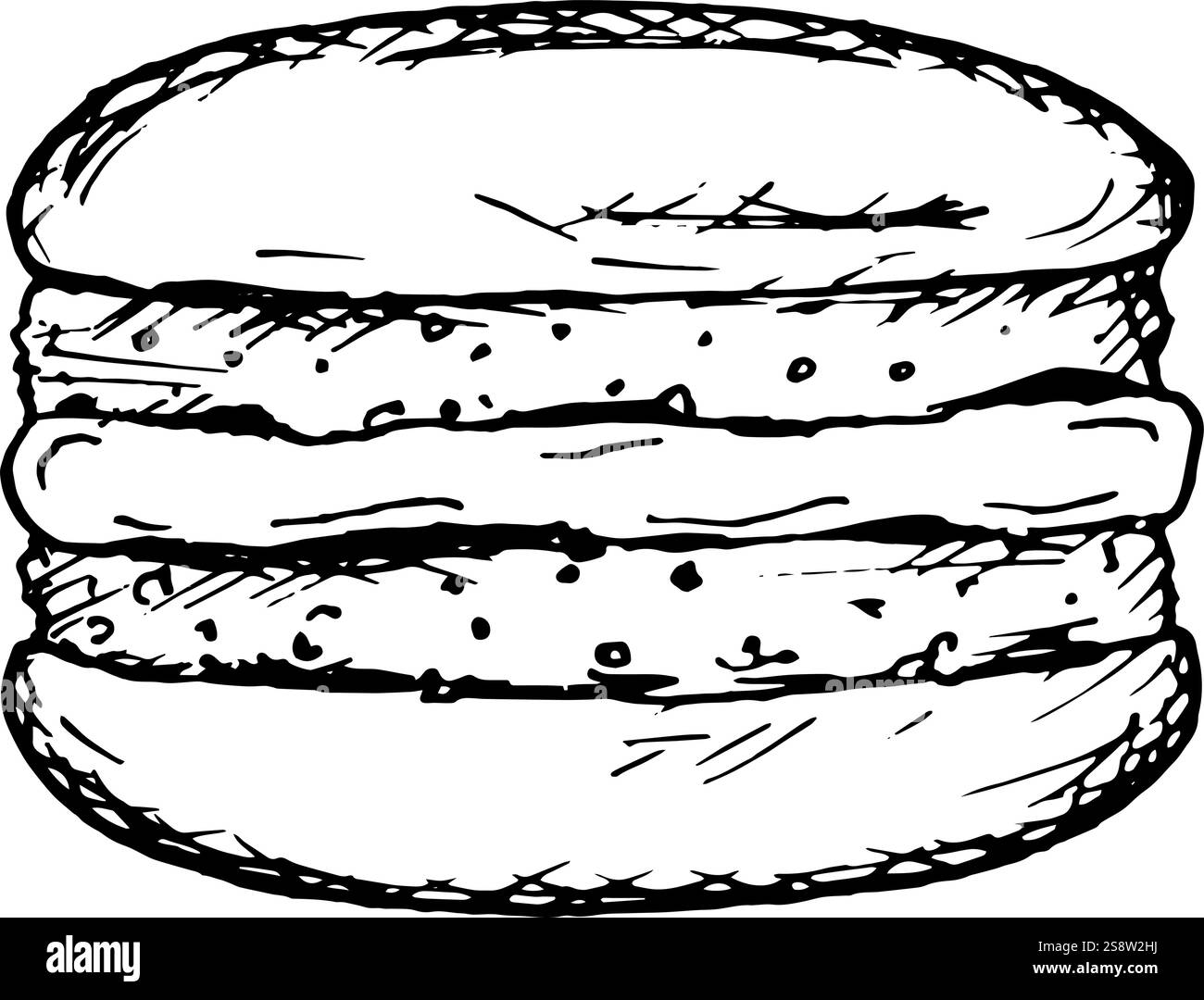 Handgezeichnete Vektor-Illustration von klassischen französischen Macarons, mehrschichtigen Kuchen mit Fruchtbelag. Ideal für Backwaren, Dessertverpackungen, Menüs Stock Vektor