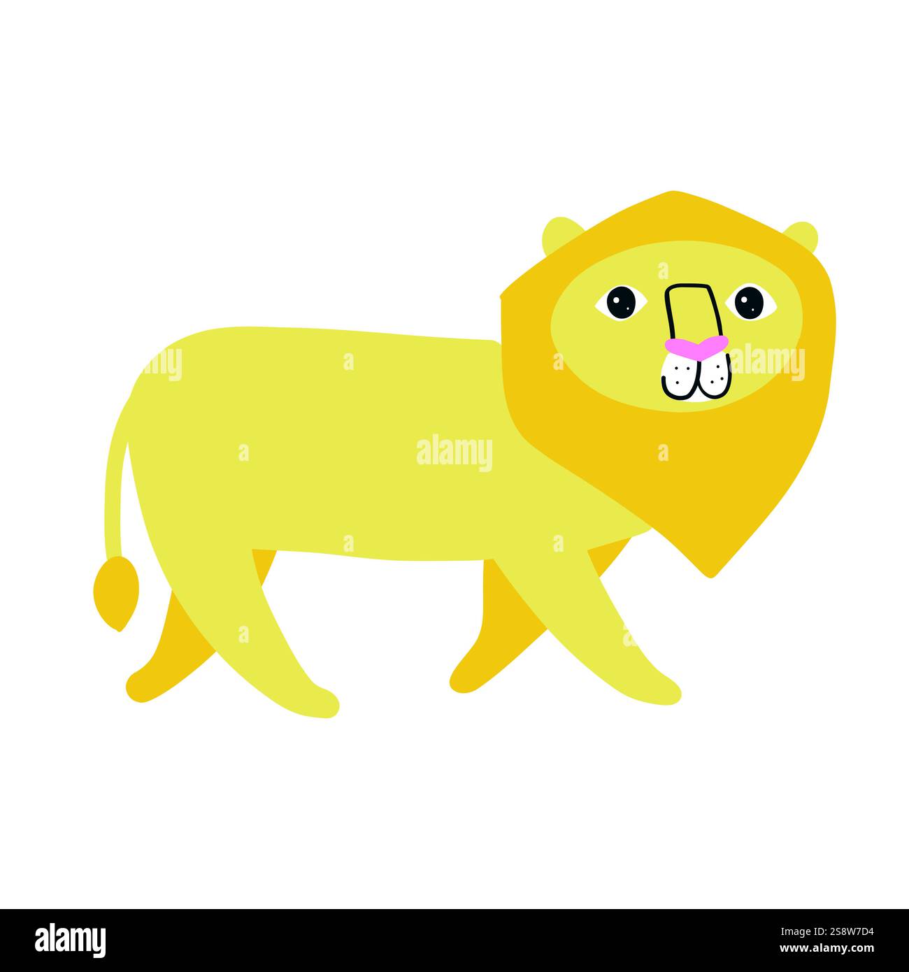 Majestätischer gelber Löwe mit kühner Mähne in fröhlichem Design. Lebendige und verspielte Illustration, ideal für Safari, Tierwelt oder kreative Naturmotive. Stock Vektor