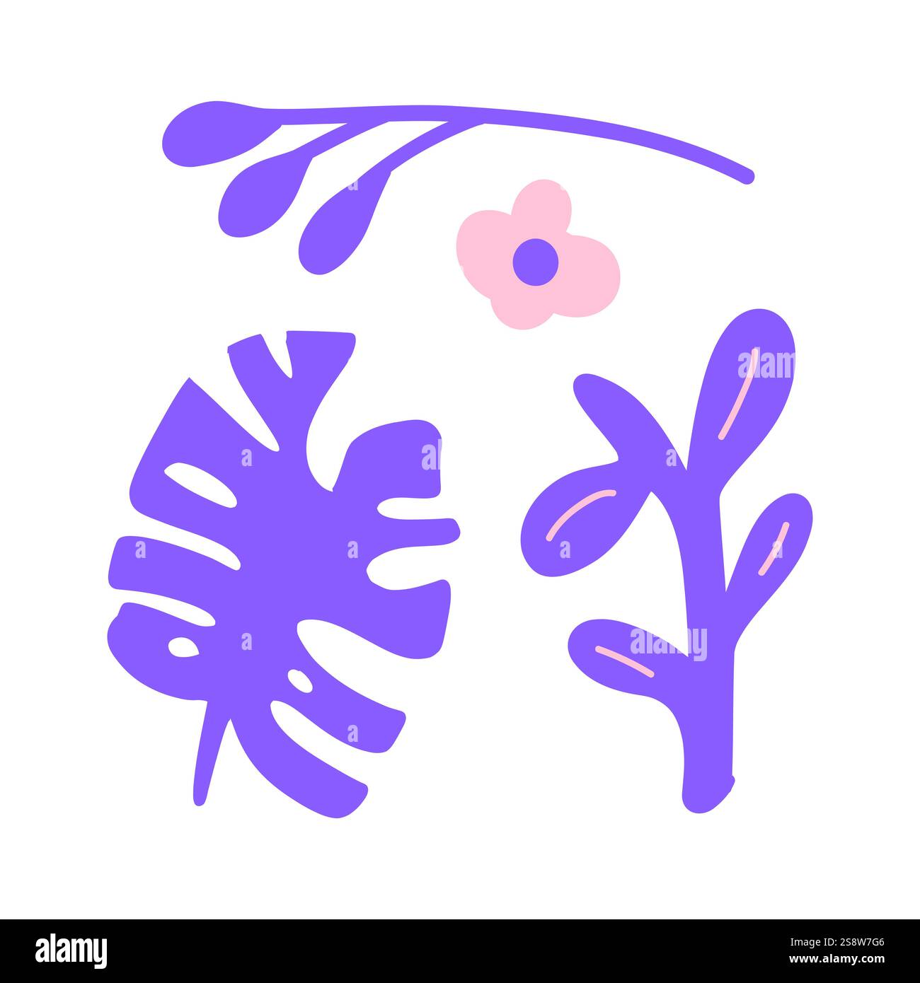 Üppig violette Dschungelblätter in einem lebendigen und modernen Design. Einzigartige und auffällige botanische Illustration für tropische, exotische oder von der Natur inspirierte Projekte Stock Vektor