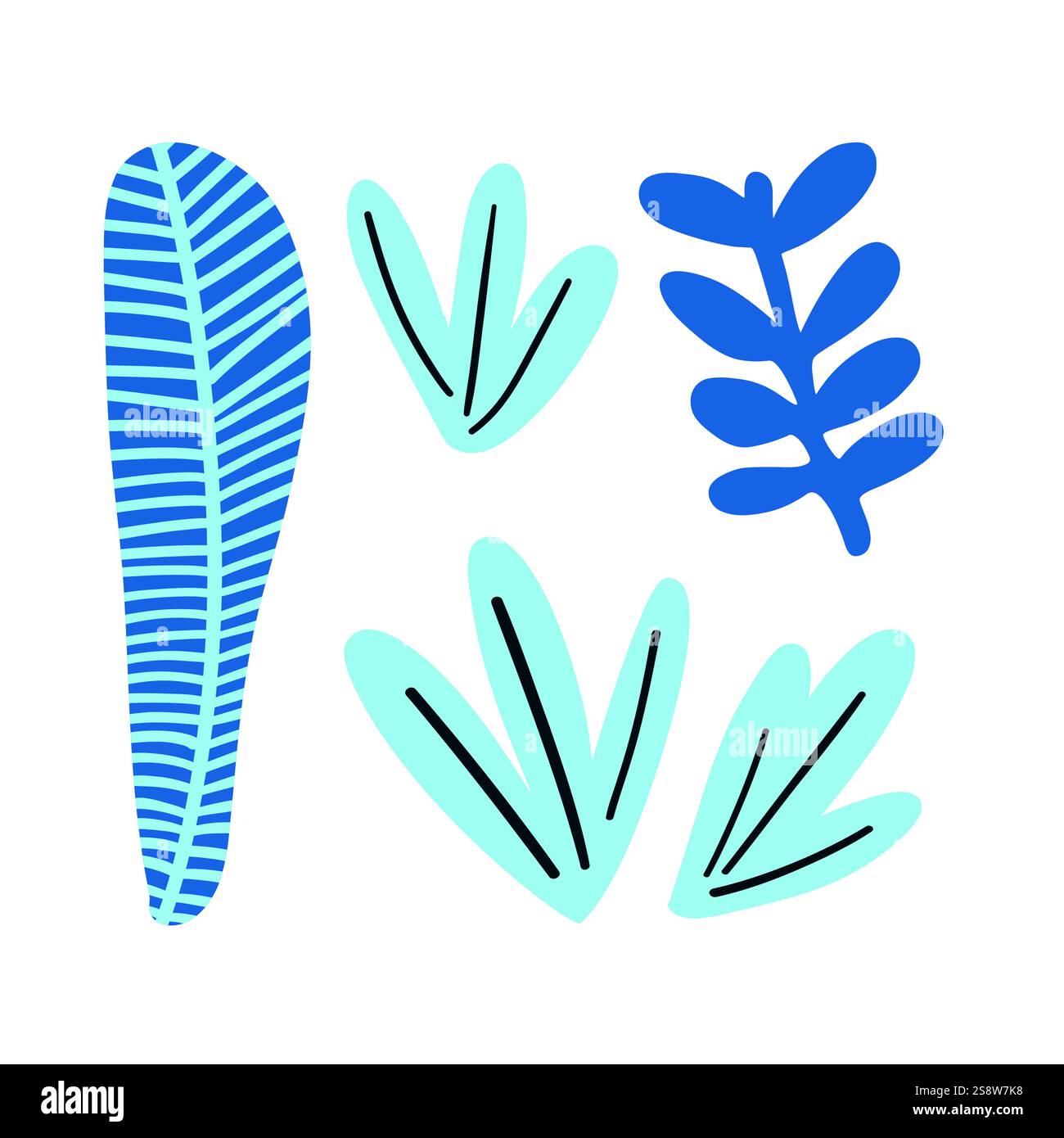Blaues und grünes Blattdesign mit weichen, kräftigen Linien. Ein modernes tropisches Design für umweltfreundliche Illustrationen von Natur und Regenwald Stock Vektor