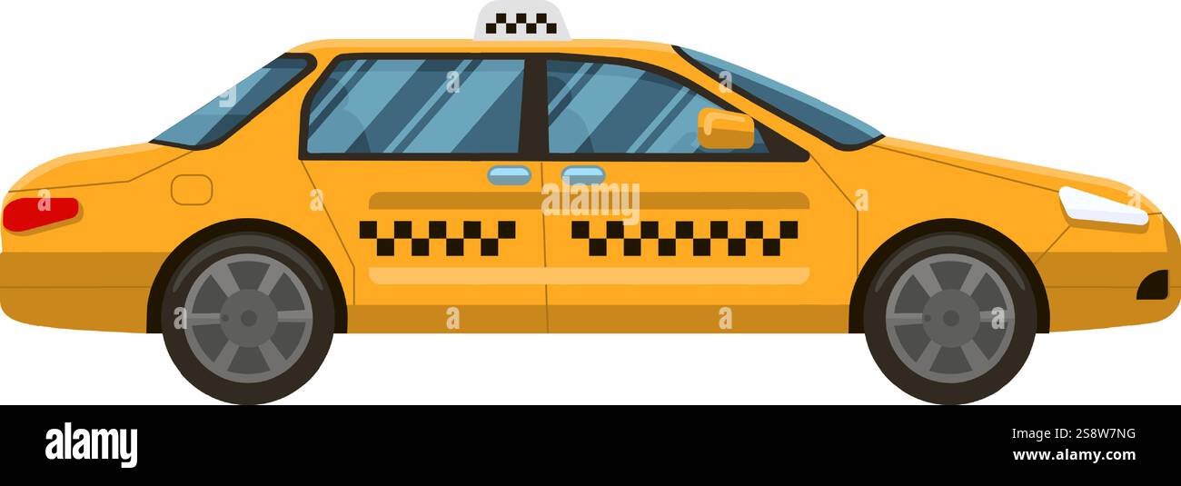 Klassisches gelbes Taxi mit markantem kariertem Dekor, isoliert auf weißem Hintergrund, symbolisiert städtische Verkehrsmittel und ist effizient Stock Vektor
