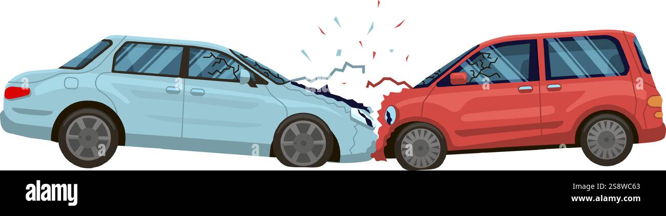 Ein rotes und ein hellblaues Fahrzeug sind in einen schweren Unfall verwickelt, der zu gebrochenen Windschutzscheiben und erheblichen Schäden an beiden Fahrzeugen führt Stock Vektor