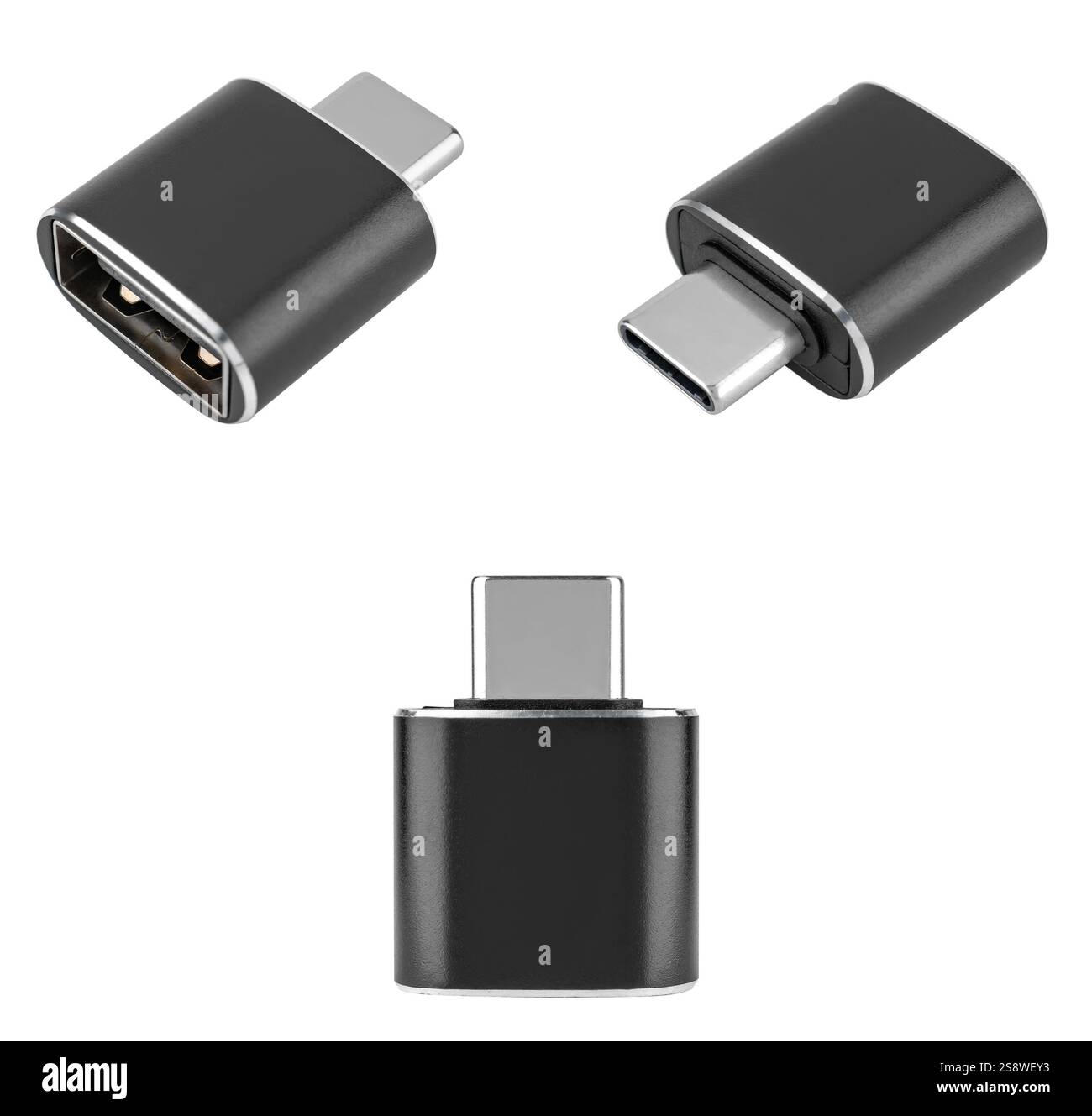 Steckverbinderadapter von USB auf Typ-C, auf weißem Hintergrund in der Isolierung. Stockfoto
