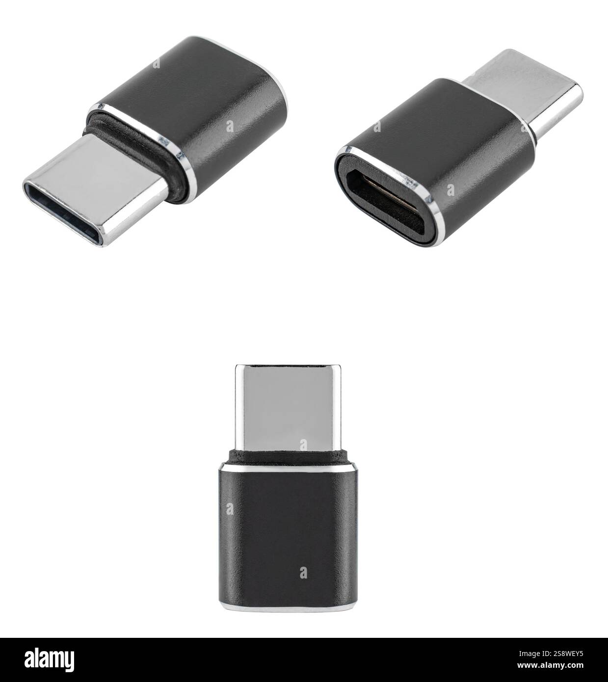 Steckverbinderadapter von Micro-USB auf Typ-C, auf weißem Hintergrund in Isolierung. Stockfoto