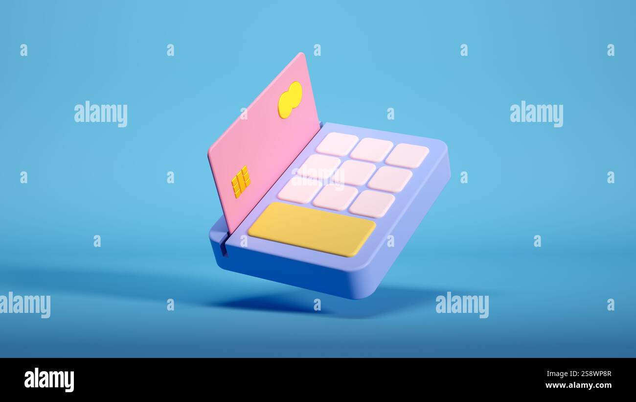 Isometrisches 3D-UIUX-Symbol mit Elementen für die mobile Zahlung und Kreditkarte, leuchtenden Farben und digitalem Geldbörsenkonzept. Stockfoto