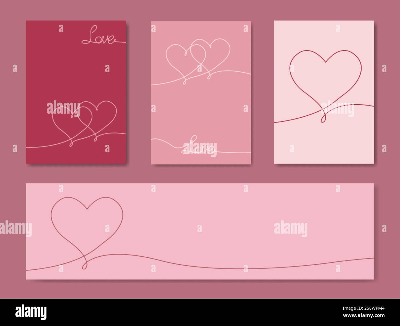 Grußkarte mit Happy Valentines Day Set. Kreatives Bannerdesign. Liebe Text- und Herzsymbole, Strichkunst handgezeichnet. Kopierbereich für Verkaufskopf Stock Vektor